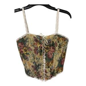 FINESSE Floral Tapestry Corset Top Lace Trim Lace-Up Back Cottagecore Size S